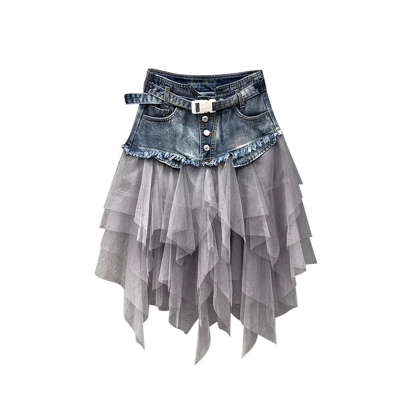 OUDINA Wholesale Fashion Camouflage Pocket Tassel Skirt Camo Long Jeans Women's Skirts