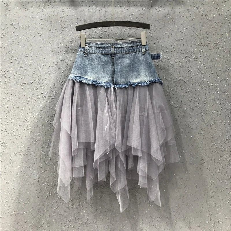 OUDINA Wholesale Fashion Camouflage Pocket Tassel Skirt Camo Long Jeans Women's Skirts