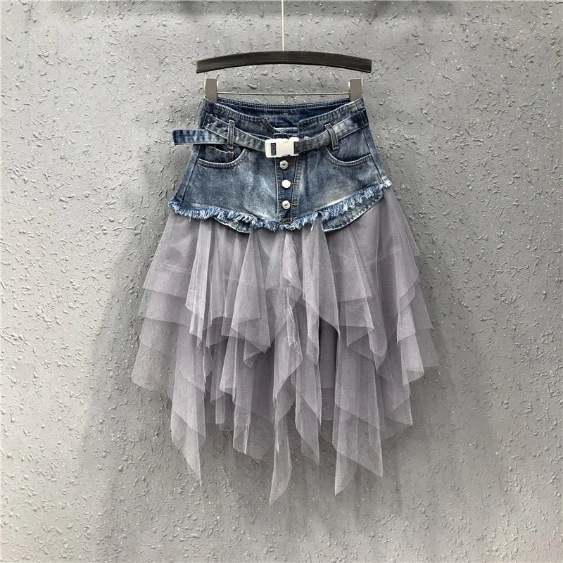 OUDINA Wholesale Fashion Camouflage Pocket Tassel Skirt Camo Long Jeans Women's Skirts