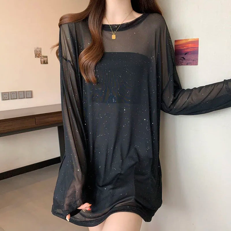 Black Sexy See Through Sheer T-shirts Women Luxury Sequin Thin Ice Silk Long Sleeve T Shirt Summer Breathable Sun-proof Tops