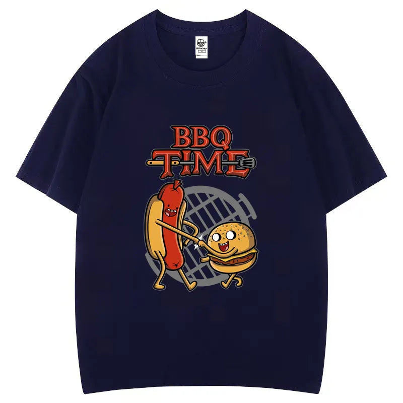 Cute BBQ Time Cartoon Graphic Tshirts Men Women Short Sleeve Casual Cotton Print Tee Humor Creative Street Fashion Hipster Tops