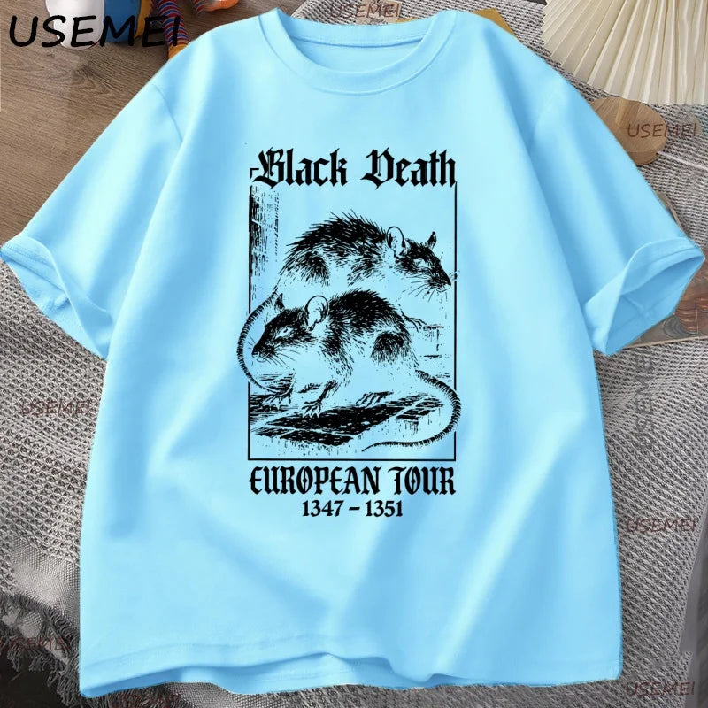 Black Death European Tour T-shirt Vintage Graphic T Shirts Gothic Rat Dark Art Tshirt Casual Short Sleeve Cotton Man Clothes