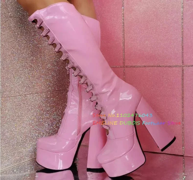 Black Platform Thick Heel knee High Boots Women Round Toe Chunky Heel Hollow Buckle Strap Summer New Punk Style Cool Boots