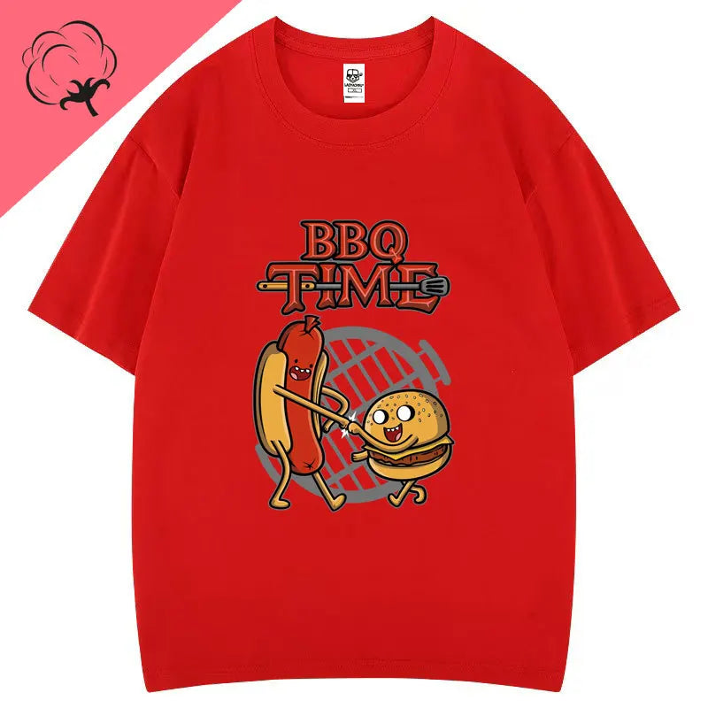 Cute BBQ Time Cartoon Graphic Tshirts Men Women Short Sleeve Casual Cotton Print Tee Humor Creative Street Fashion Hipster Tops