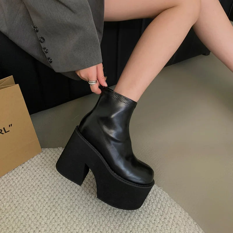 Black Ankle Boots For Women Platforms Shoes Fall Round Toe Punk Shoes Chunky Heeled Ladies Boots Back Zipper Bota Feminina