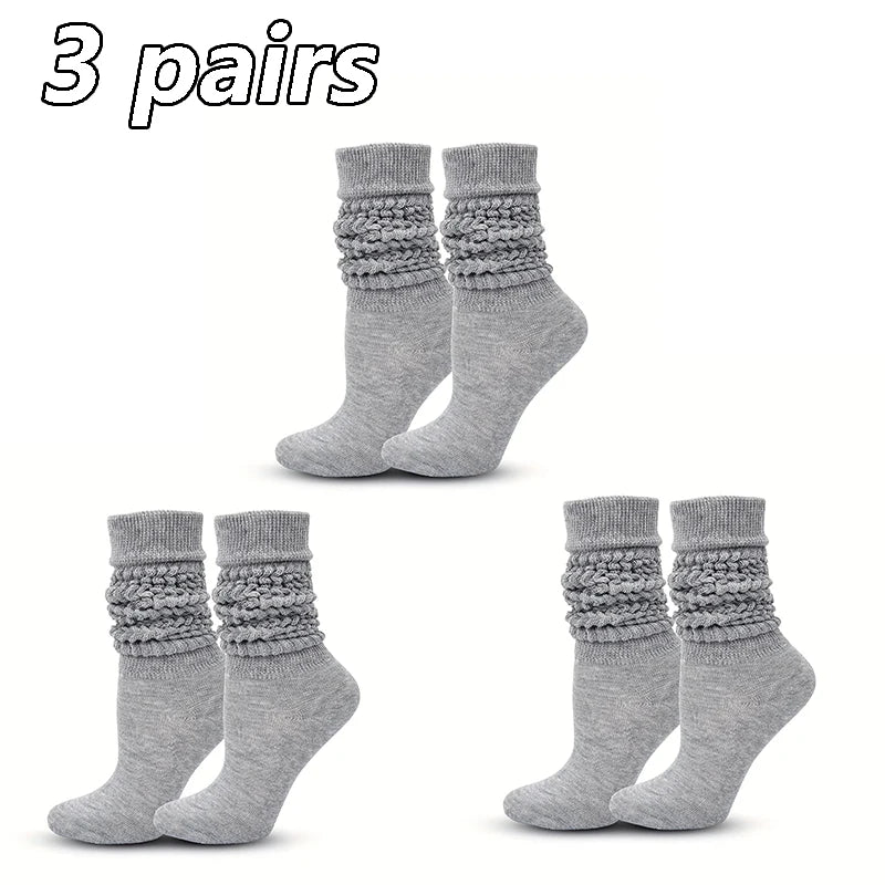 3 Pairs Women Pile Up Socks Fashionable Trendy Versatile White Solid Color Basic Socks Comfortable Breathable Mid Length Socks