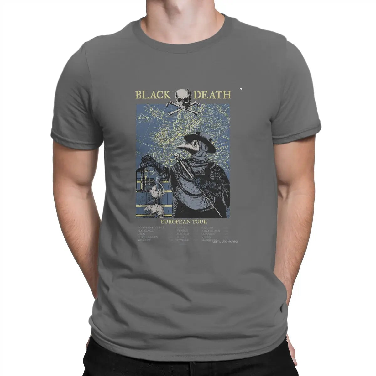 Funny Black Death European Tour T-Shirt Men Round Neck Pure Cotton T Shirts SCP Plague Doctor Short Sleeve  Graphic Clothes