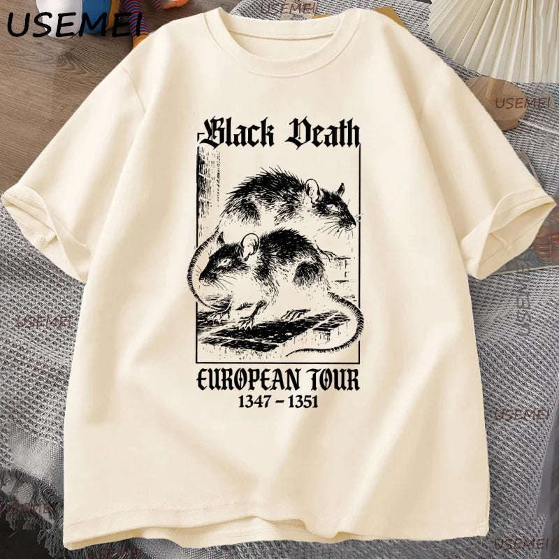 Black Death European Tour T-shirt Vintage Graphic T Shirts Gothic Rat Dark Art Tshirt Casual Short Sleeve Cotton Man Clothes