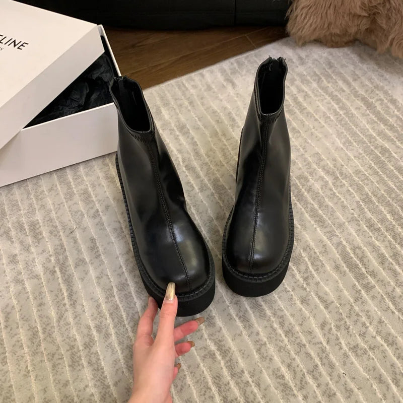 Black Ankle Boots For Women Platforms Shoes Fall Round Toe Punk Shoes Chunky Heeled Ladies Boots Back Zipper Bota Feminina