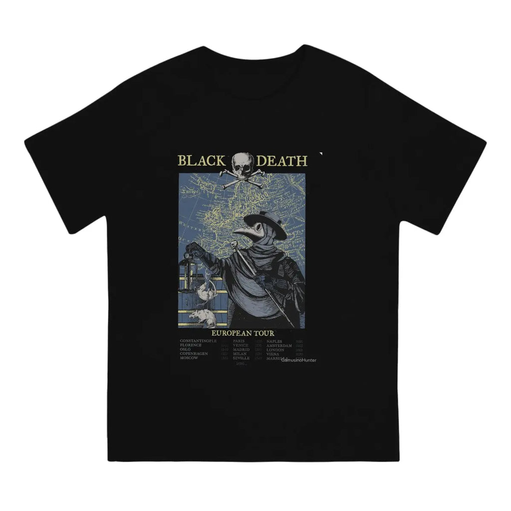 Funny Black Death European Tour T-Shirt Men Round Neck Pure Cotton T Shirts SCP Plague Doctor Short Sleeve  Graphic Clothes