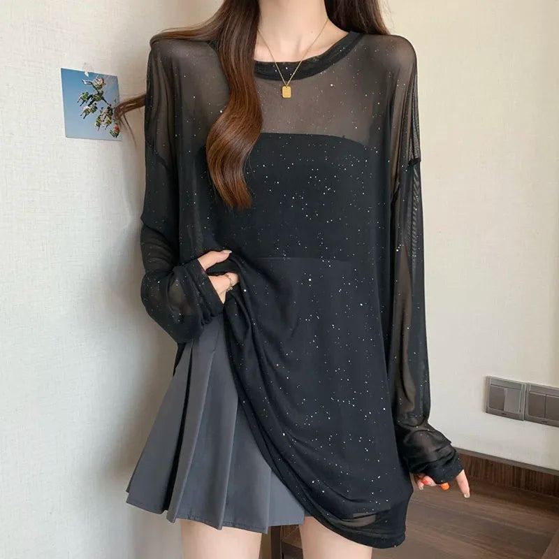 Black Sexy See Through Sheer T-shirts Women Luxury Sequin Thin Ice Silk Long Sleeve T Shirt Summer Breathable Sun-proof Tops