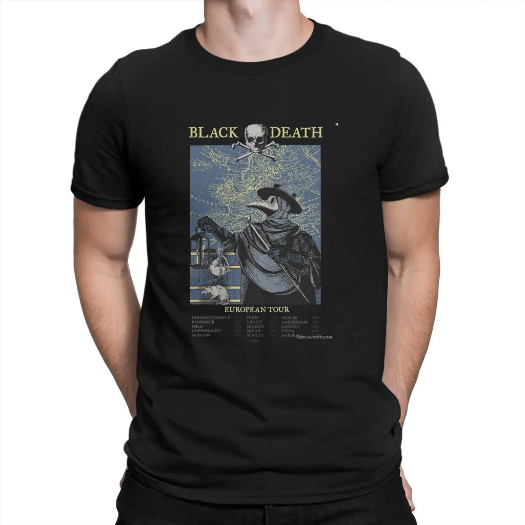 Funny Black Death European Tour T-Shirt Men Round Neck Pure Cotton T Shirts SCP Plague Doctor Short Sleeve  Graphic Clothes