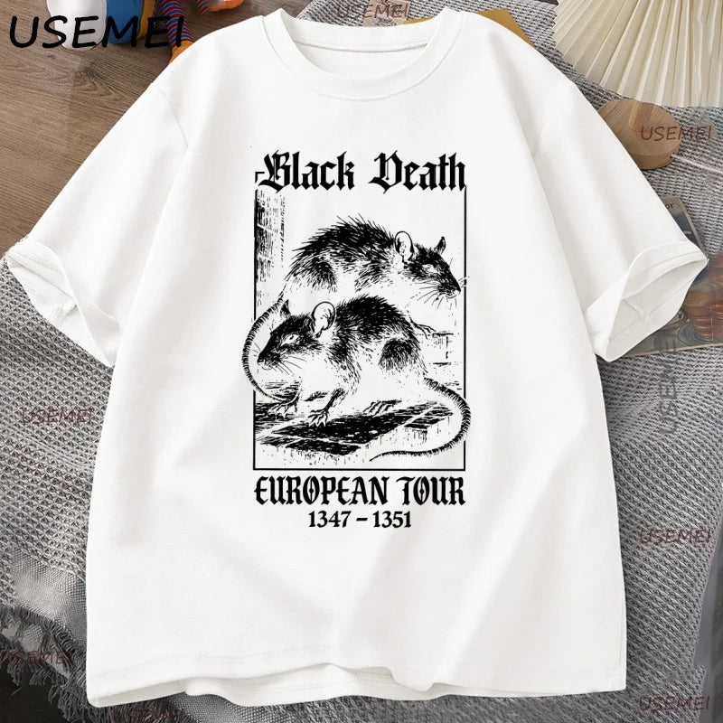 Black Death European Tour T-shirt Vintage Graphic T Shirts Gothic Rat Dark Art Tshirt Casual Short Sleeve Cotton Man Clothes