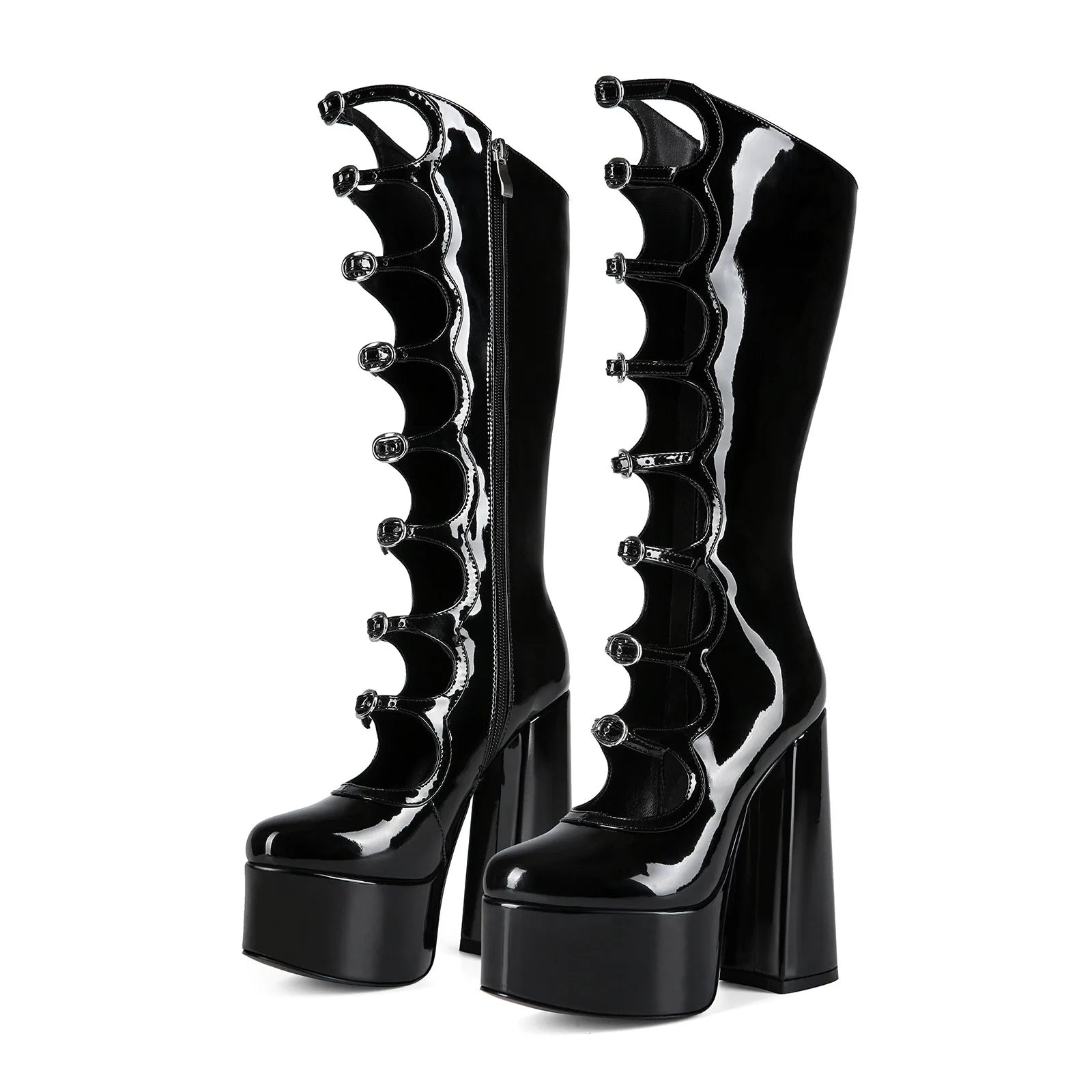 Black Platform Thick Heel knee High Boots Women Round Toe Chunky Heel Hollow Buckle Strap Summer New Punk Style Cool Boots
