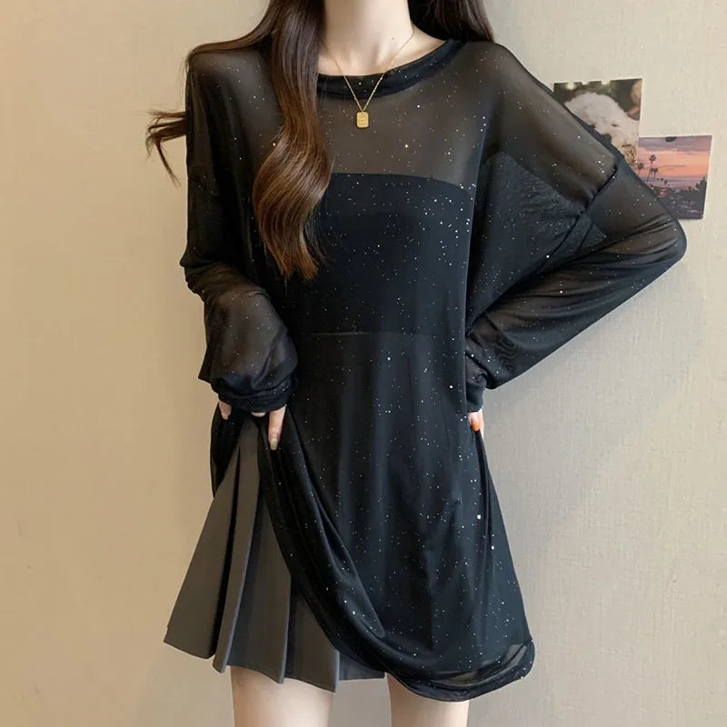 Black Sexy See Through Sheer T-shirts Women Luxury Sequin Thin Ice Silk Long Sleeve T Shirt Summer Breathable Sun-proof Tops