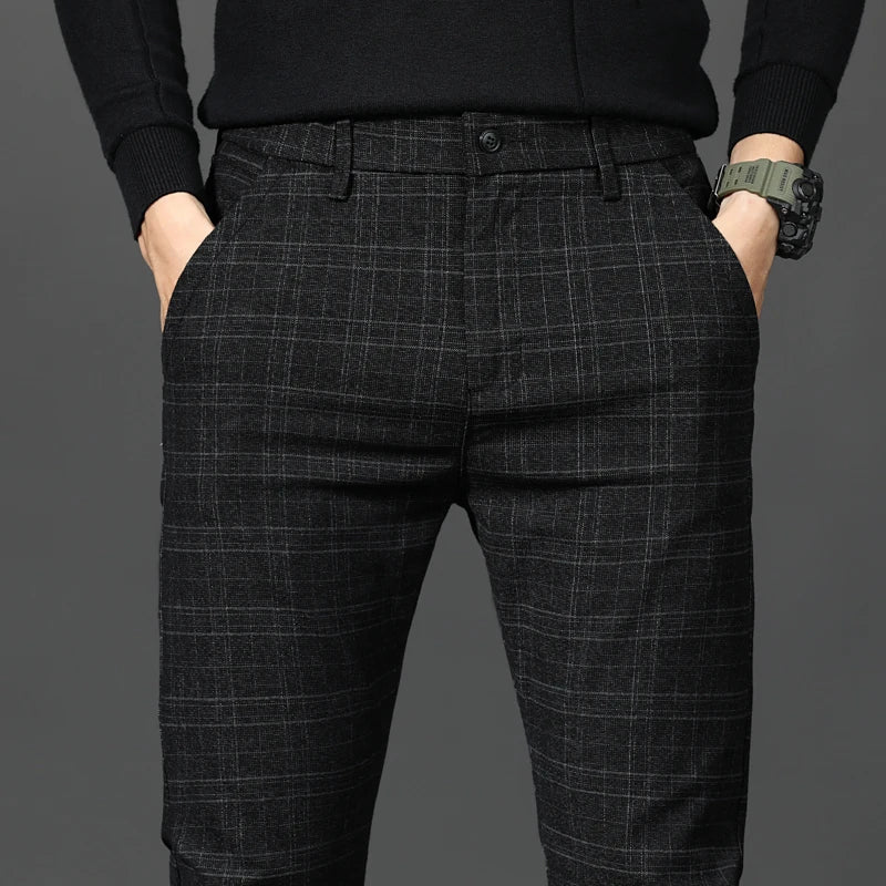 2026 Black Pants Men Plaid Trousers, Spring / Autumn New Fashion Slim Pants Men Gray Stripe Slacks 28-38 Pantalones Hombre