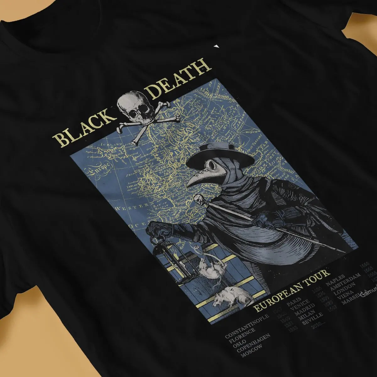 Funny Black Death European Tour T-Shirt Men Round Neck Pure Cotton T Shirts SCP Plague Doctor Short Sleeve  Graphic Clothes