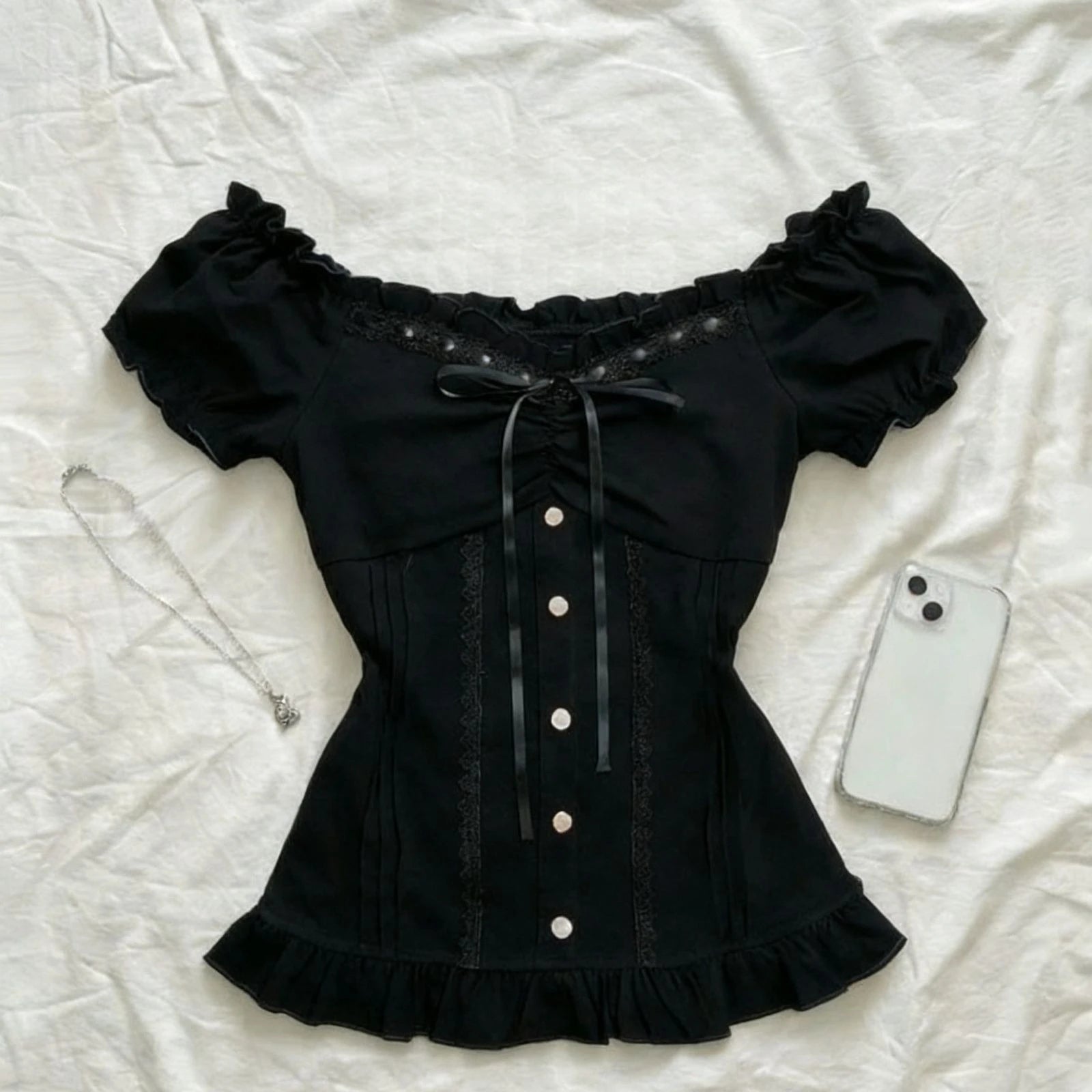 Gothic Off Shoulder T-Shirts Women Lace Trim Puff Sleeve Tees Bow Front Button Up Slim Fit Tops Fashion Punk Party Streetwear