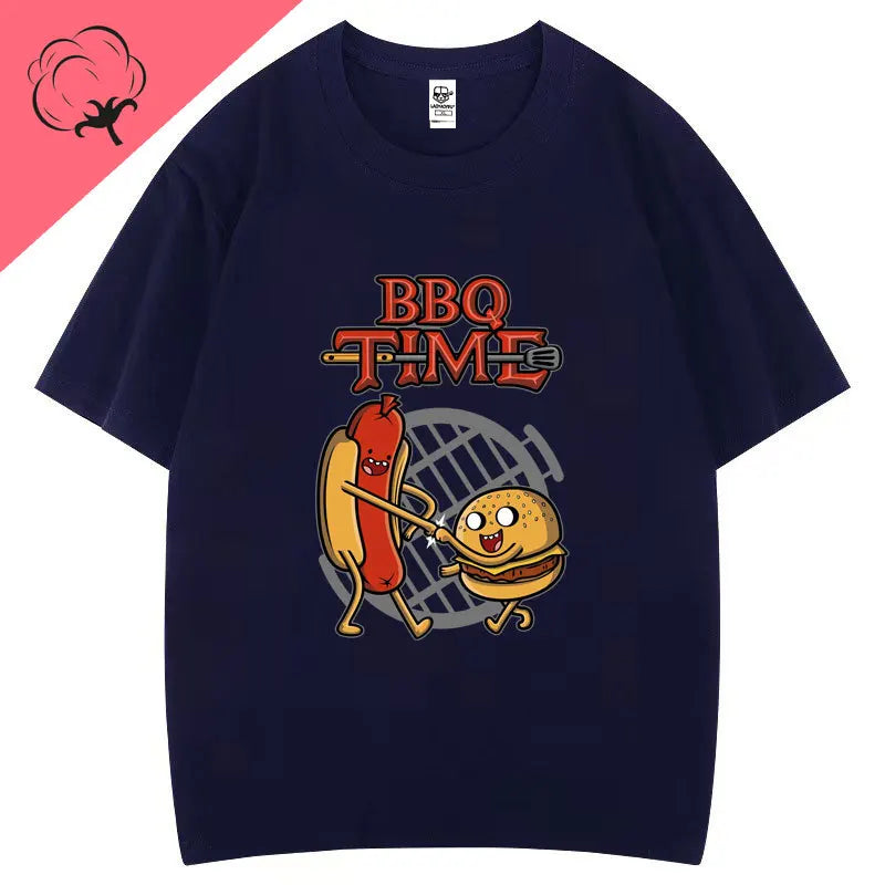 Cute BBQ Time Cartoon Graphic Tshirts Men Women Short Sleeve Casual Cotton Print Tee Humor Creative Street Fashion Hipster Tops