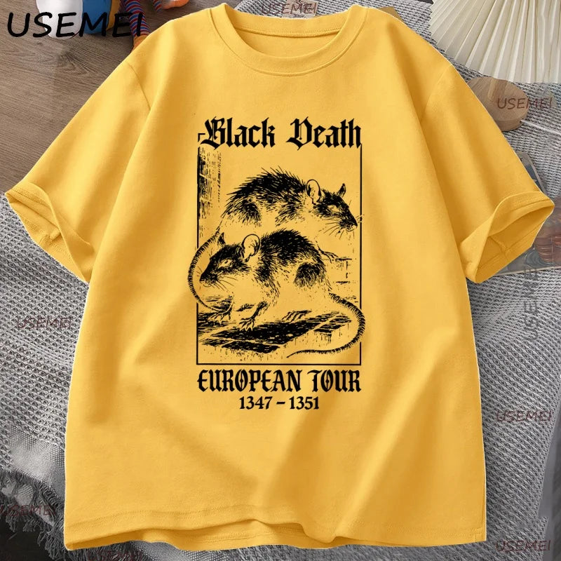 Black Death European Tour T-shirt Vintage Graphic T Shirts Gothic Rat Dark Art Tshirt Casual Short Sleeve Cotton Man Clothes