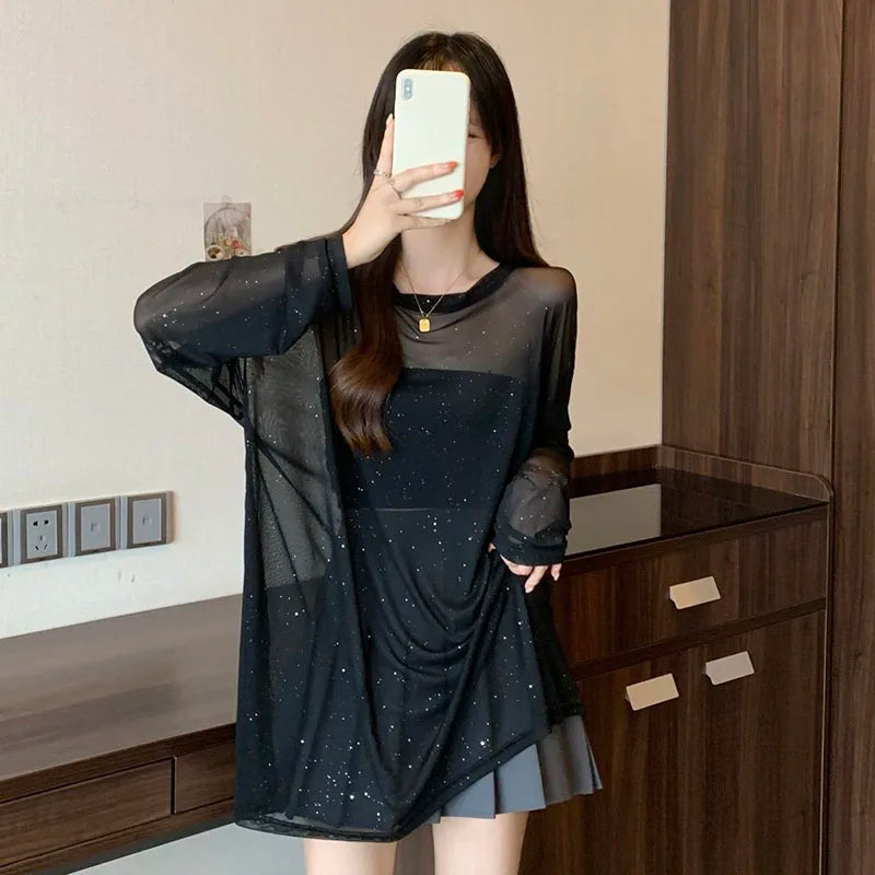 Black Sexy See Through Sheer T-shirts Women Luxury Sequin Thin Ice Silk Long Sleeve T Shirt Summer Breathable Sun-proof Tops