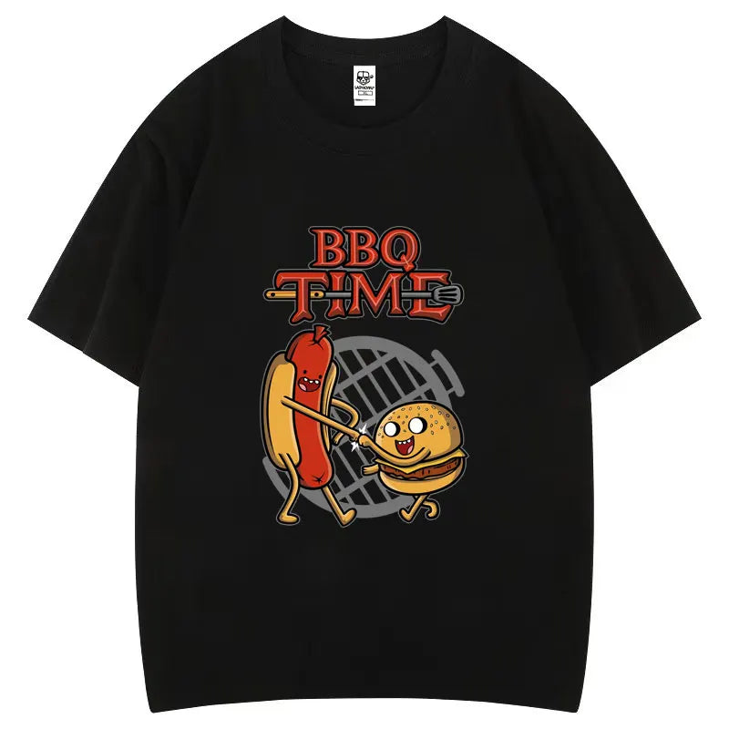 Cute BBQ Time Cartoon Graphic Tshirts Men Women Short Sleeve Casual Cotton Print Tee Humor Creative Street Fashion Hipster Tops