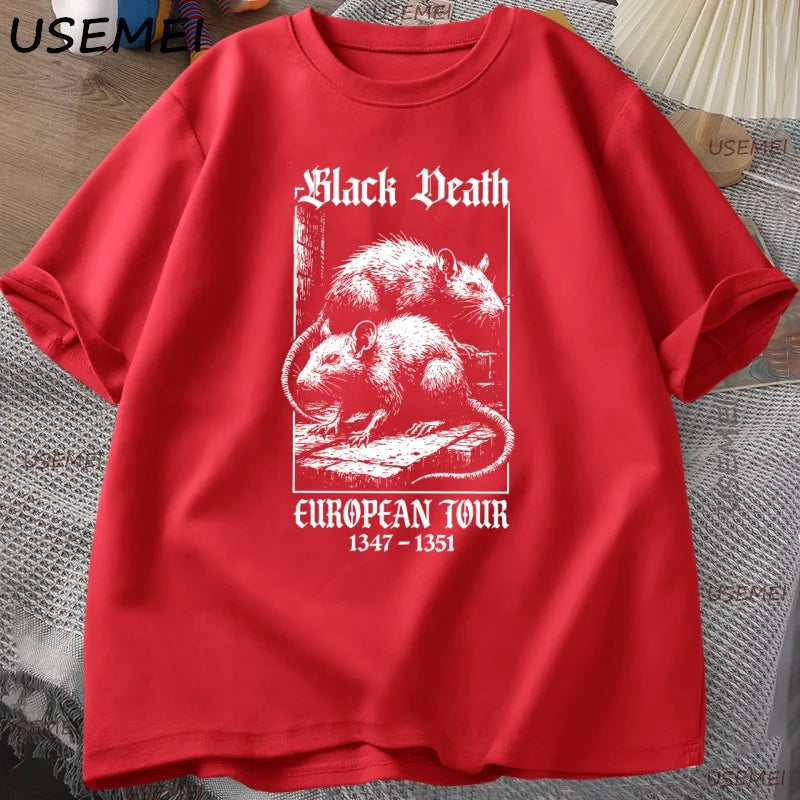 Black Death European Tour T-shirt Vintage Graphic T Shirts Gothic Rat Dark Art Tshirt Casual Short Sleeve Cotton Man Clothes