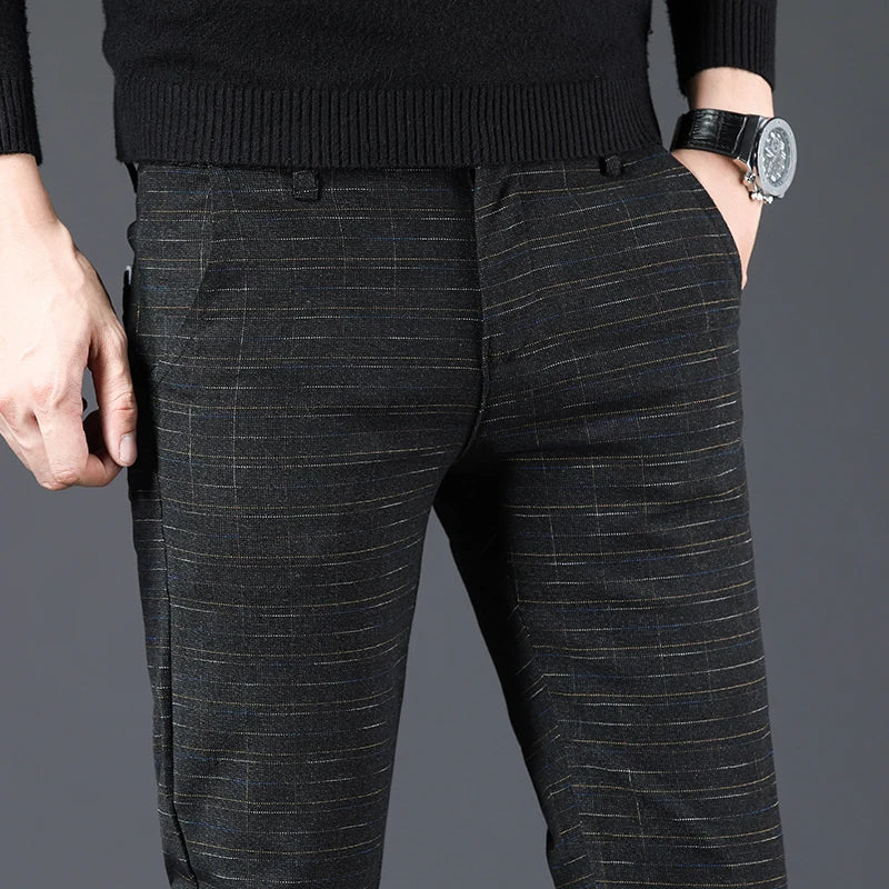 2026 Black Pants Men Plaid Trousers, Spring / Autumn New Fashion Slim Pants Men Gray Stripe Slacks 28-38 Pantalones Hombre