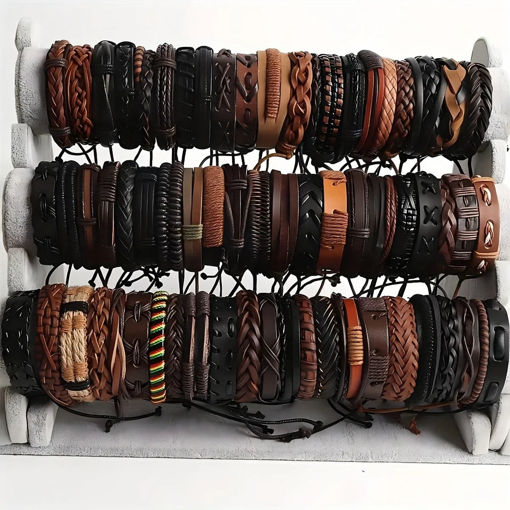 20Pcs Braided Leather Bracelets for Men Women Wrap Wood Beads Cuff Bracelet Hemp Cords Ethnic Tribal Handmade Wrap Wristband Bra