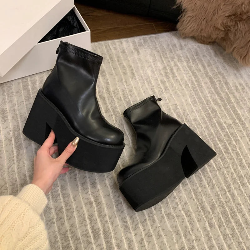 Black Ankle Boots For Women Platforms Shoes Fall Round Toe Punk Shoes Chunky Heeled Ladies Boots Back Zipper Bota Feminina