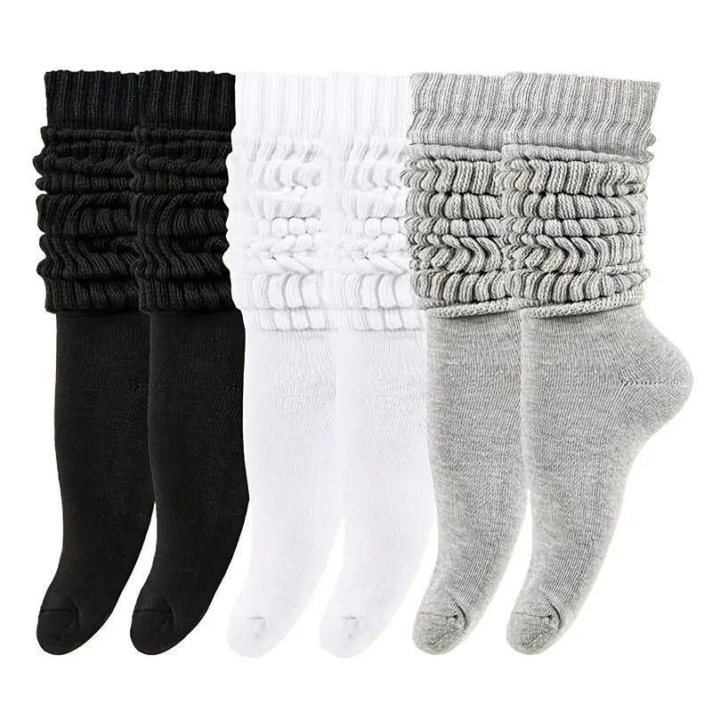 3 Pairs Women Pile Up Socks Fashionable Trendy Versatile White Solid Color Basic Socks Comfortable Breathable Mid Length Socks