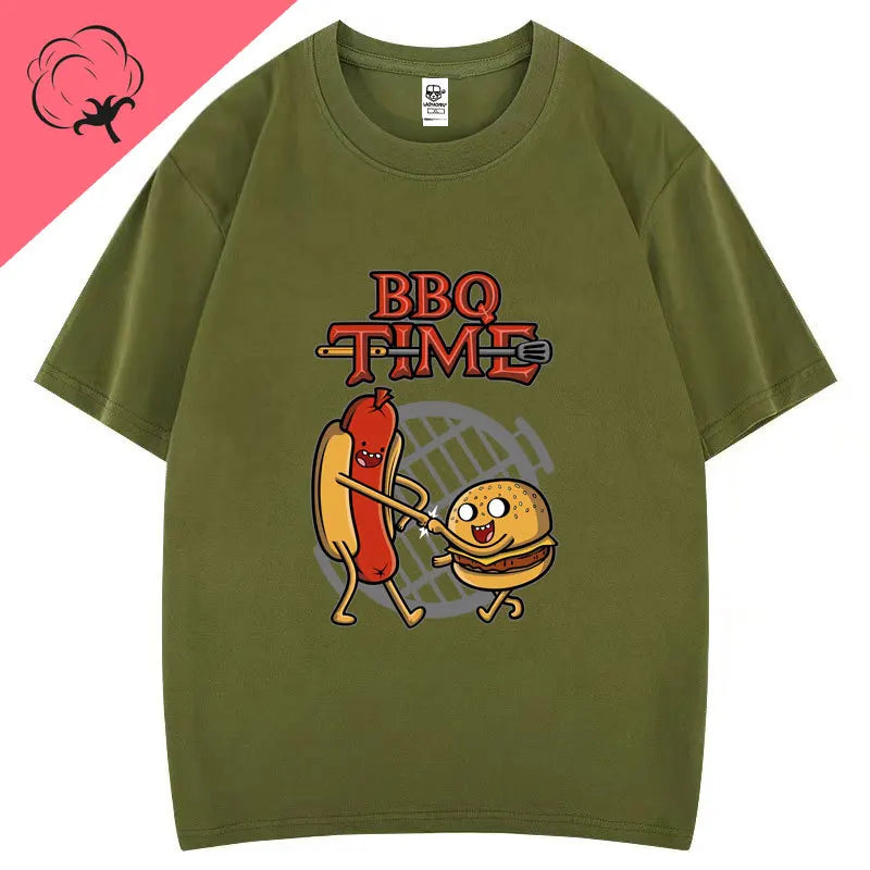 Cute BBQ Time Cartoon Graphic Tshirts Men Women Short Sleeve Casual Cotton Print Tee Humor Creative Street Fashion Hipster Tops