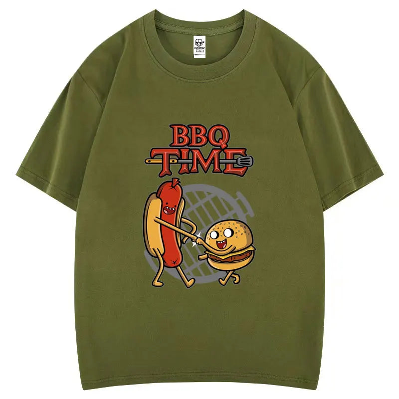 Cute BBQ Time Cartoon Graphic Tshirts Men Women Short Sleeve Casual Cotton Print Tee Humor Creative Street Fashion Hipster Tops