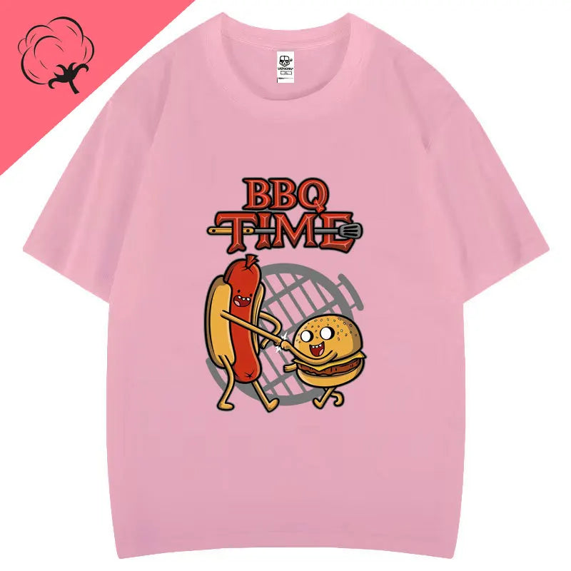 Cute BBQ Time Cartoon Graphic Tshirts Men Women Short Sleeve Casual Cotton Print Tee Humor Creative Street Fashion Hipster Tops