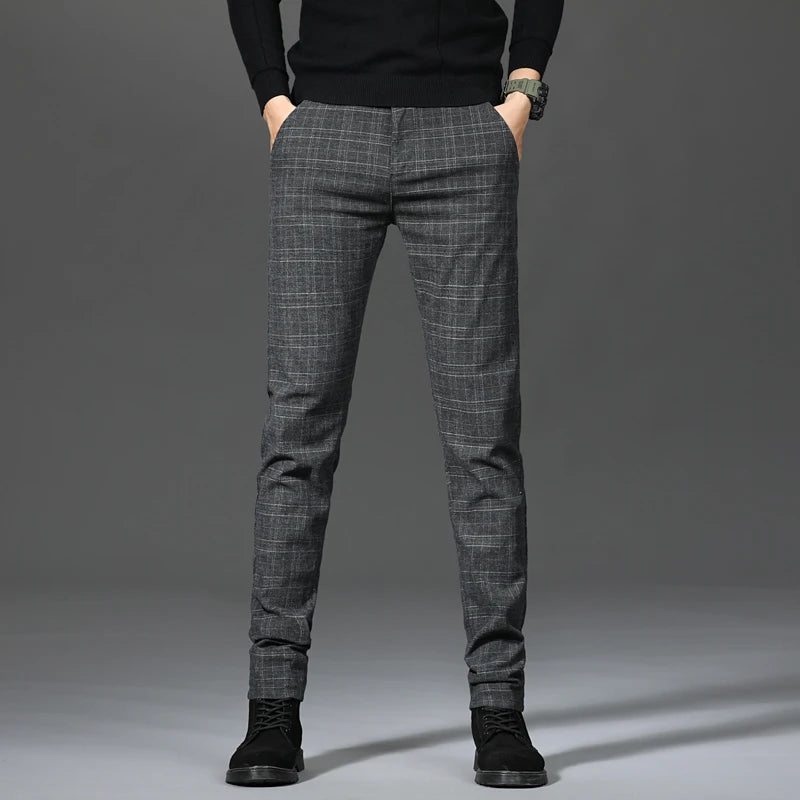 2026 Black Pants Men Plaid Trousers, Spring / Autumn New Fashion Slim Pants Men Gray Stripe Slacks 28-38 Pantalones Hombre
