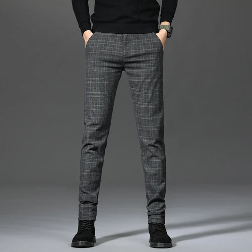 2026 Black Pants Men Plaid Trousers, Spring / Autumn New Fashion Slim Pants Men Gray Stripe Slacks 28-38 Pantalones Hombre
