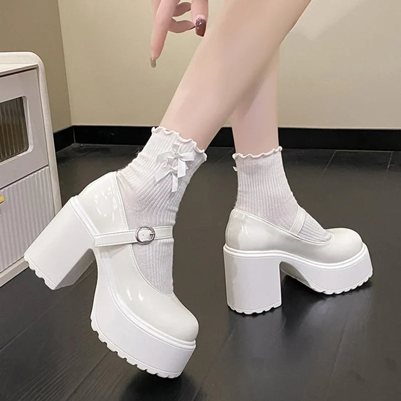 Retro Mary Jane Women's 2024 New High-heeled, Thick-heeled, Waterproof Platform, Round Toe, Versatile Single Shoe