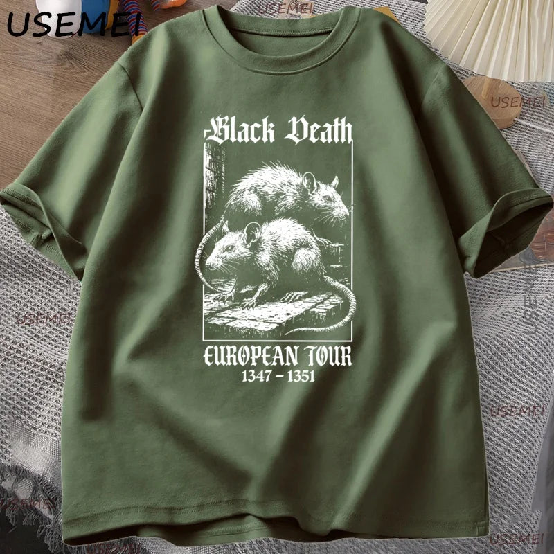 Black Death European Tour T-shirt Vintage Graphic T Shirts Gothic Rat Dark Art Tshirt Casual Short Sleeve Cotton Man Clothes