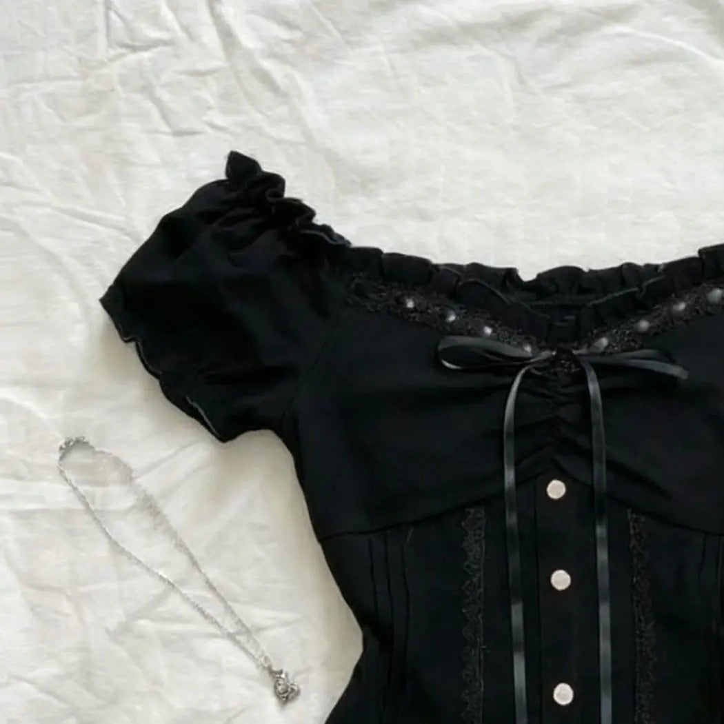 Gothic Off Shoulder T-Shirts Women Lace Trim Puff Sleeve Tees Bow Front Button Up Slim Fit Tops Fashion Punk Party Streetwear