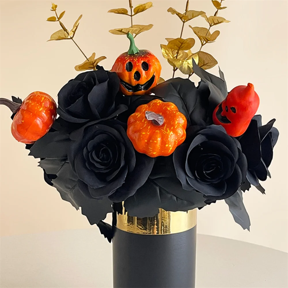 Halloween Black Artificial Rose Flowers Dark Horror Gothic Black Simulated Flower Bouquet for Home Wedding Party Halloween Decor