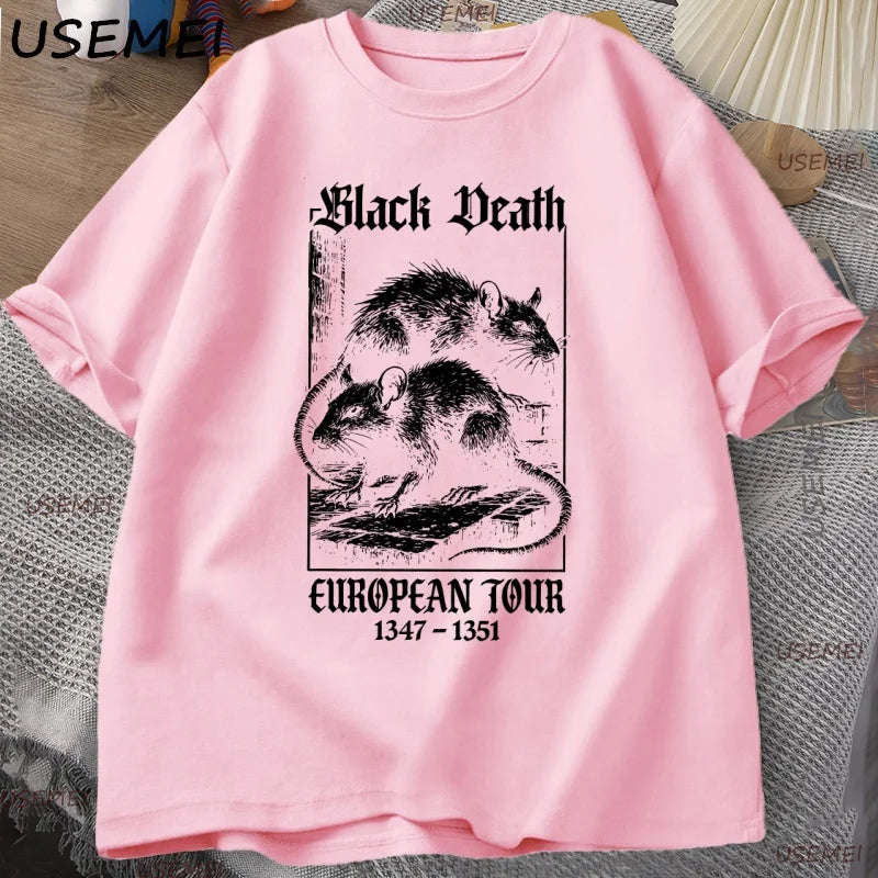Black Death European Tour T-shirt Vintage Graphic T Shirts Gothic Rat Dark Art Tshirt Casual Short Sleeve Cotton Man Clothes