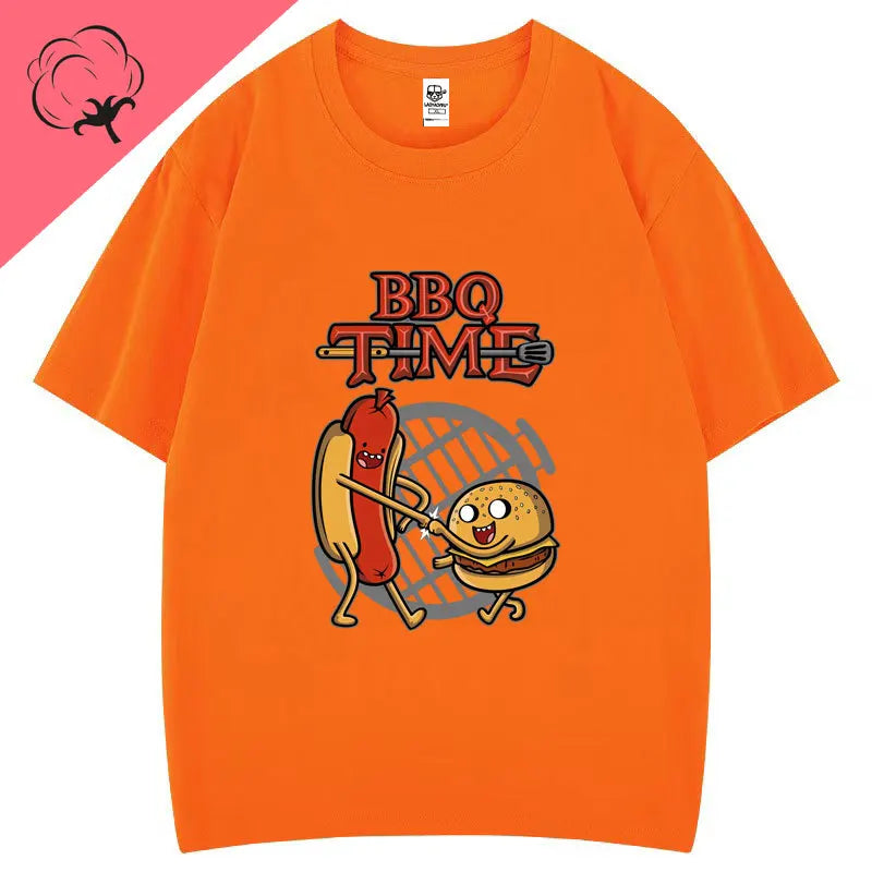 Cute BBQ Time Cartoon Graphic Tshirts Men Women Short Sleeve Casual Cotton Print Tee Humor Creative Street Fashion Hipster Tops