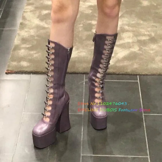 Black Platform Thick Heel knee High Boots Women Round Toe Chunky Heel Hollow Buckle Strap Summer New Punk Style Cool Boots