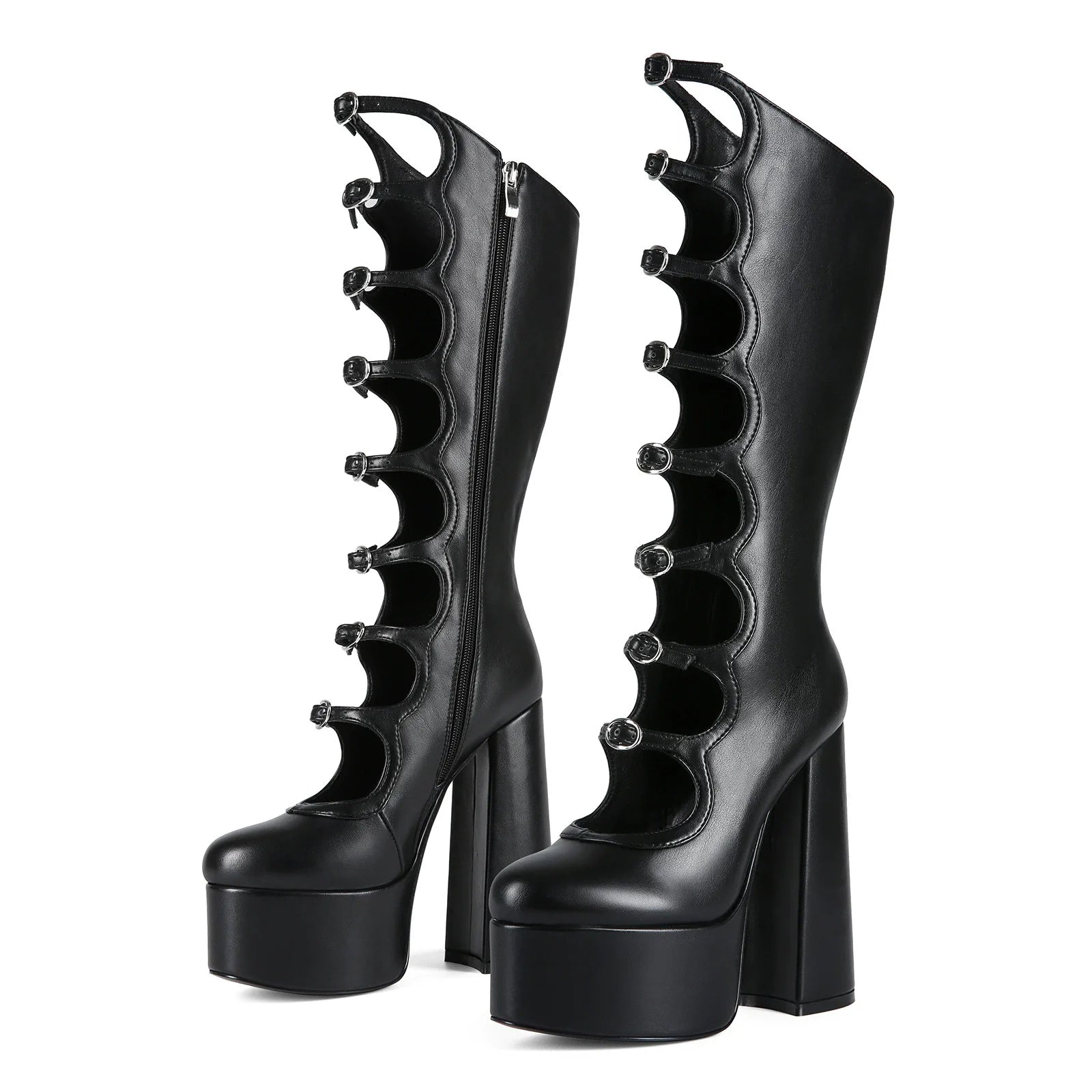 Black Platform Thick Heel knee High Boots Women Round Toe Chunky Heel Hollow Buckle Strap Summer New Punk Style Cool Boots