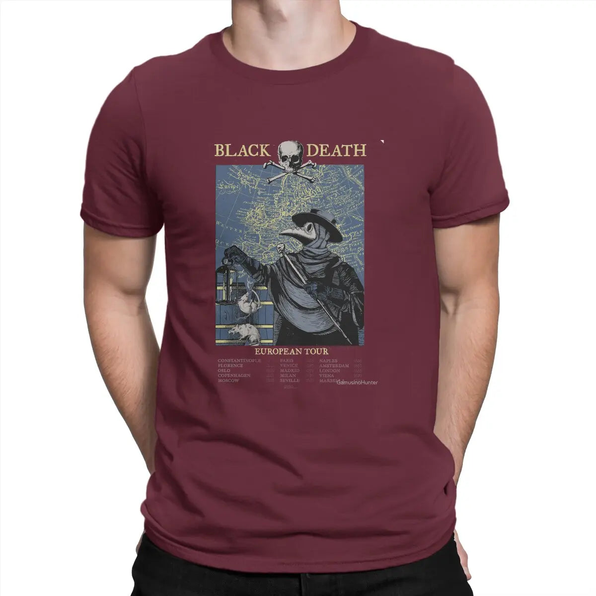 Funny Black Death European Tour T-Shirt Men Round Neck Pure Cotton T Shirts SCP Plague Doctor Short Sleeve  Graphic Clothes