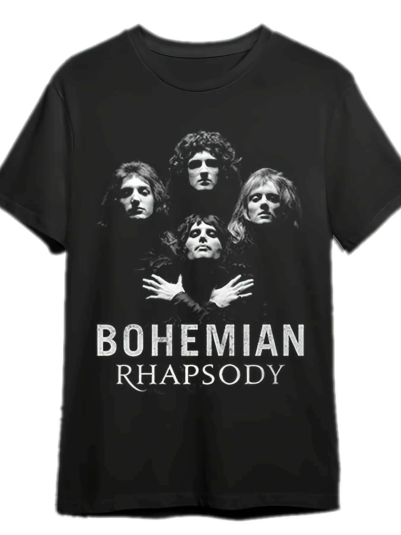 Summer Men's Black Short Sleeve T-shirt with Bohemian Rhapsody Band Portrait Print Casual Round Neck Breathable Rock Music Tee