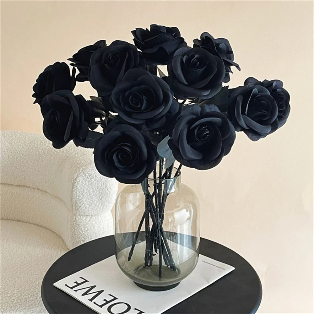 Halloween Black Artificial Rose Flowers Dark Horror Gothic Black Simulated Flower Bouquet for Home Wedding Party Halloween Decor