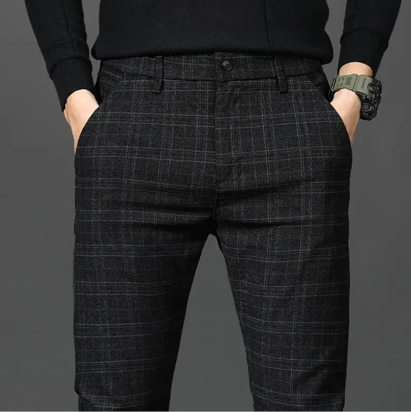 2026 Black Pants Men Plaid Trousers, Spring / Autumn New Fashion Slim Pants Men Gray Stripe Slacks 28-38 Pantalones Hombre