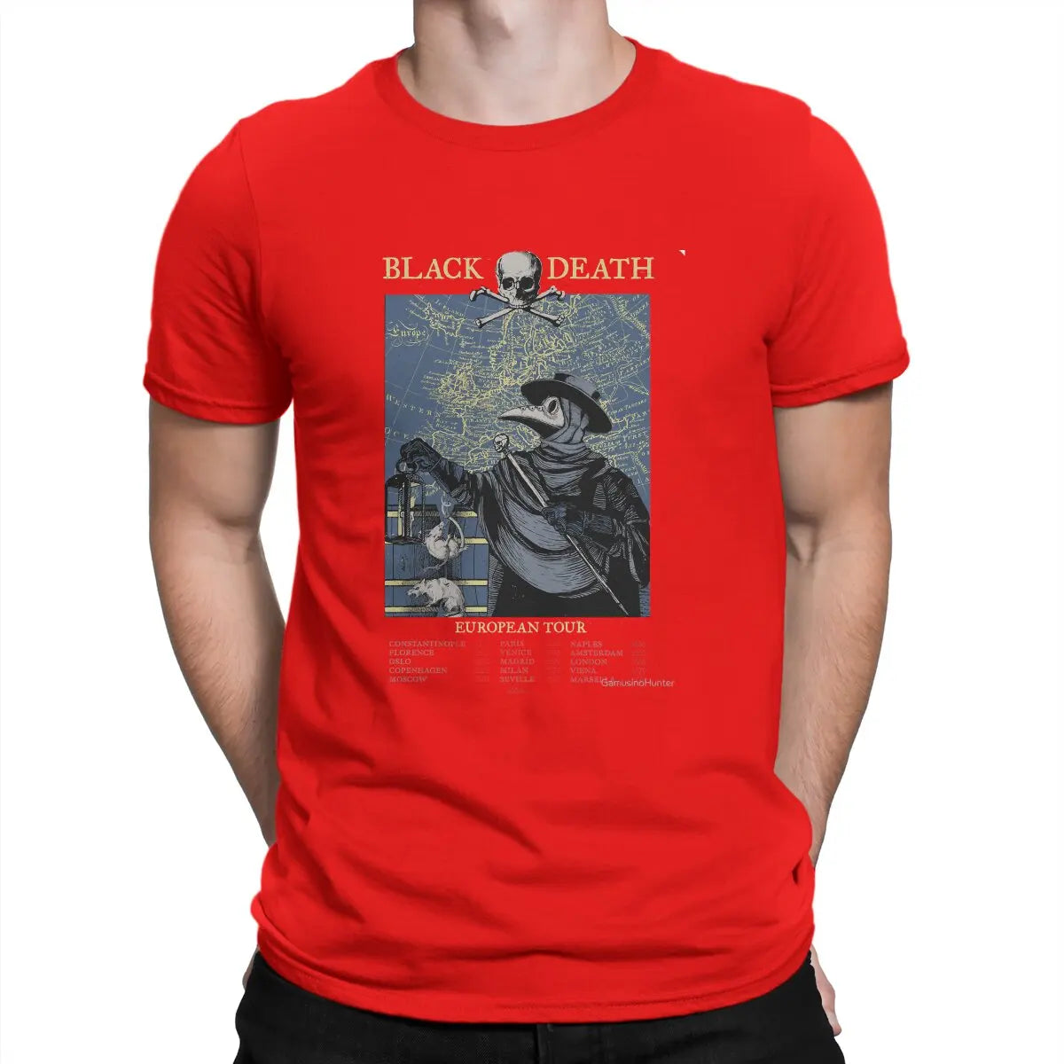 Funny Black Death European Tour T-Shirt Men Round Neck Pure Cotton T Shirts SCP Plague Doctor Short Sleeve  Graphic Clothes