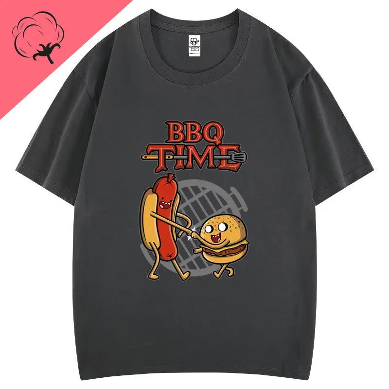 Cute BBQ Time Cartoon Graphic Tshirts Men Women Short Sleeve Casual Cotton Print Tee Humor Creative Street Fashion Hipster Tops